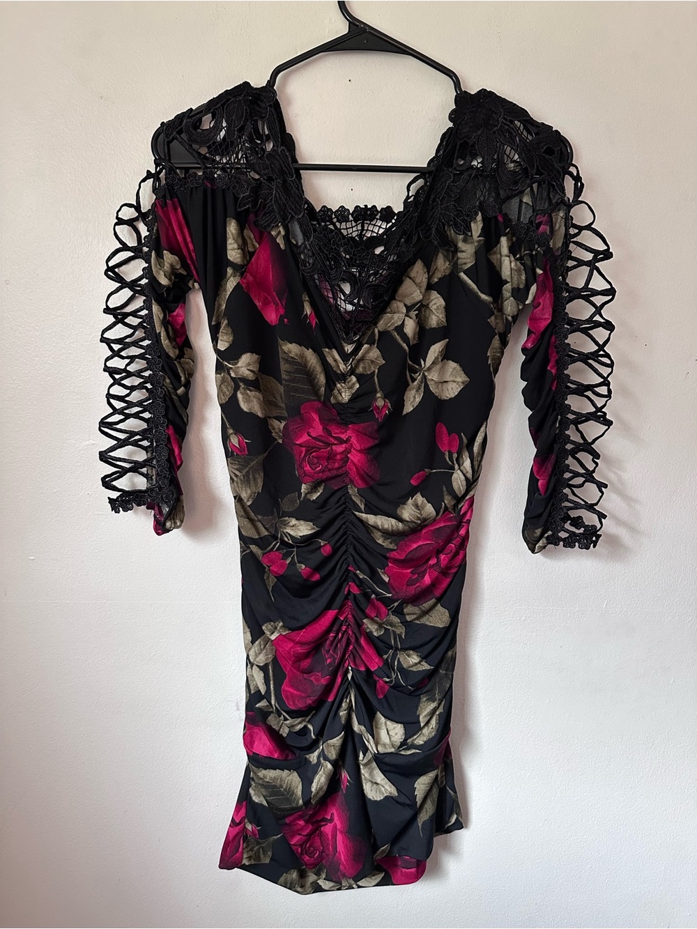 Black Floral Lace-Trim dress with Fuchsia Rose Print